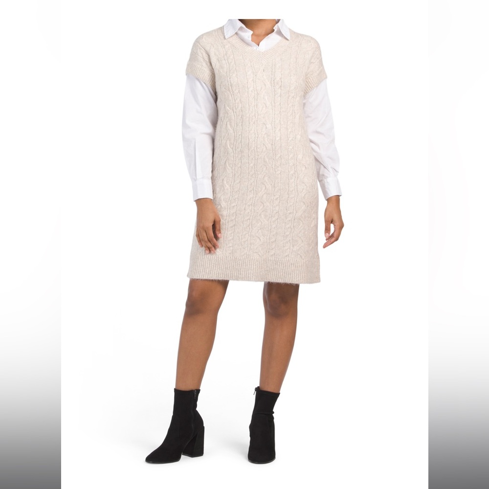 CUPCAKES & CASHMERE SHEEPSKIN Twofer Cable Knit Dress With Collar